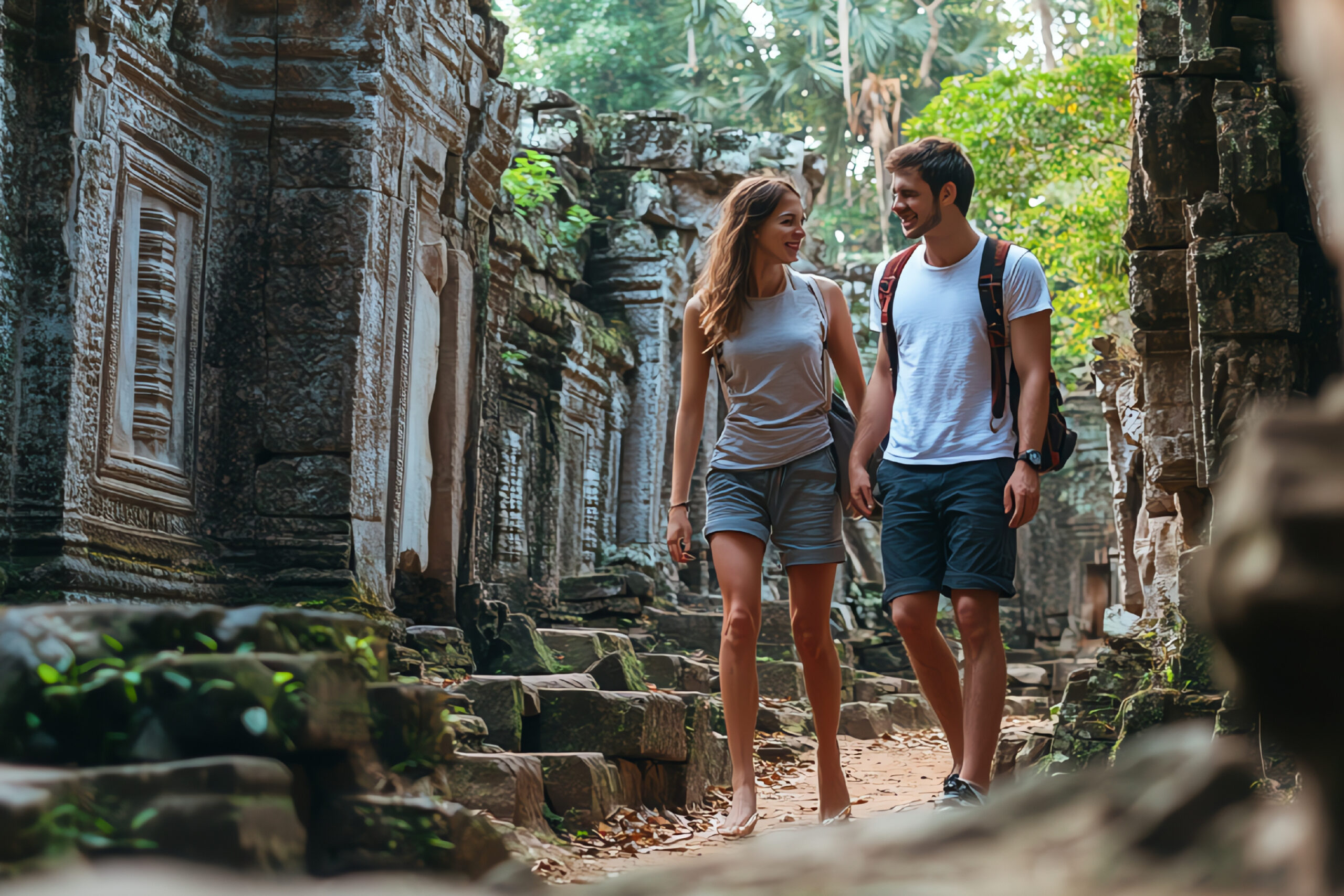 couple-walks-handinhand-through-ruins-ancient-temple